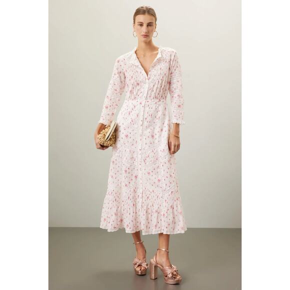 LoveShackFancy Dresses & Skirts - LoveShackFancy Tansu Midi Dress Lace Trim Cotton Button Front Pink Floral Size 6